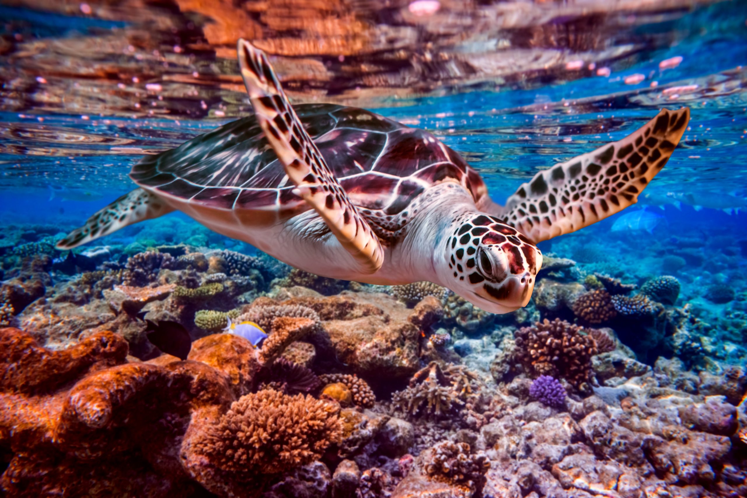 Sea turtle swims under water on the background of coral reefs.