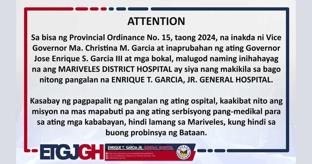 Mariveles District Hospital renamed to Enrique T. Garcia, Jr. General Hospital