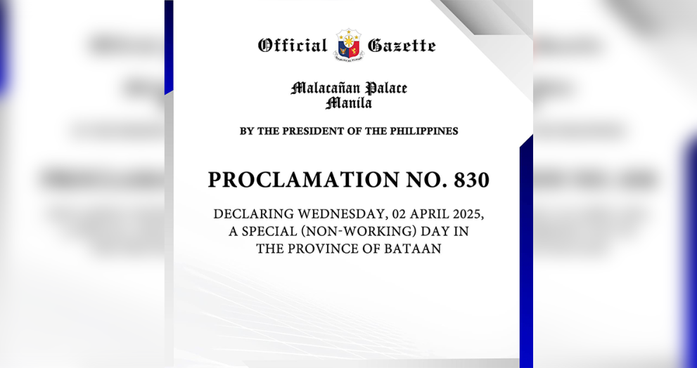 Malacañang declares April 2, 2025, a special non-working holiday in Bataan