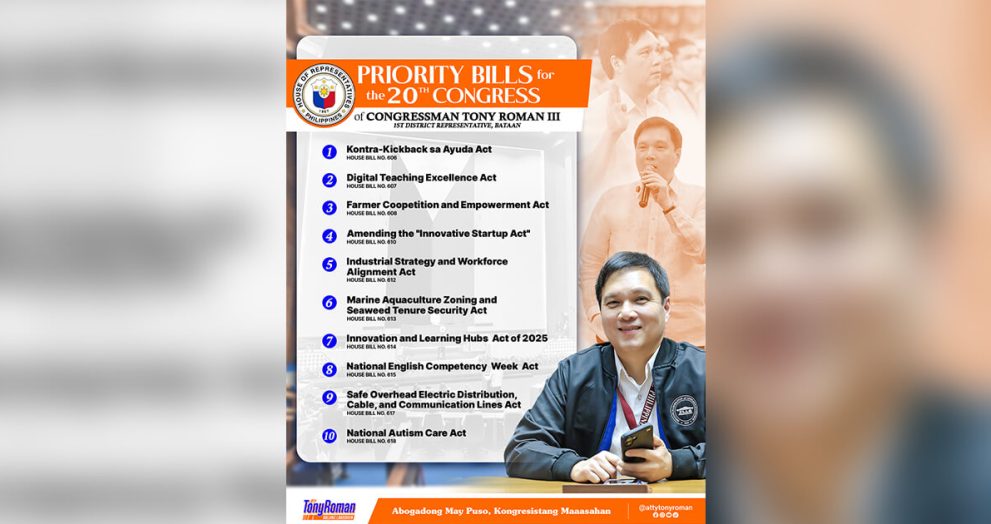 New Bataan 1st District Congressman Roman bares priority bills