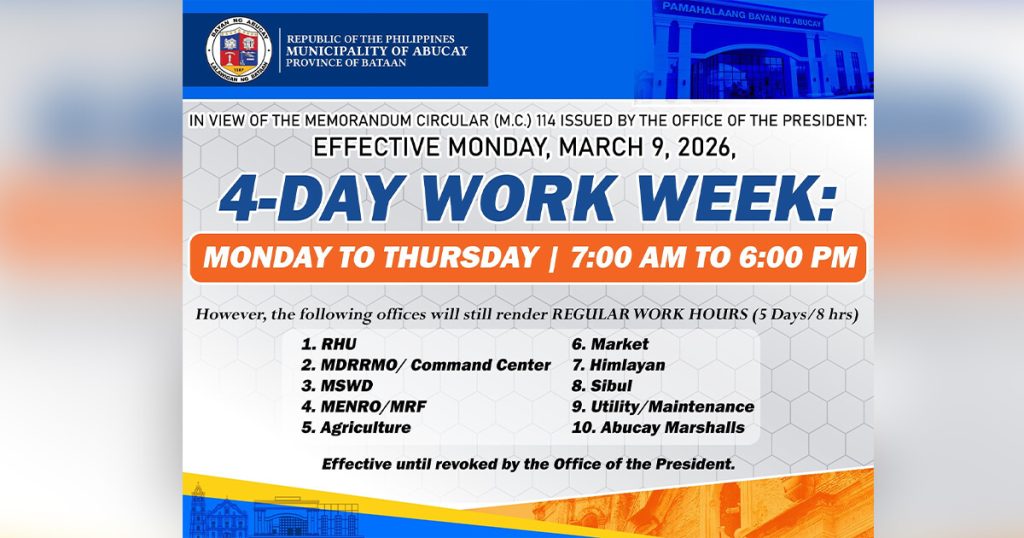 4-day work week, ipapatupad ng LGU Abucay
