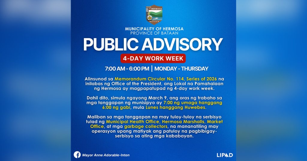 Hermosa LGU, magpapatupad ng 4-day work week